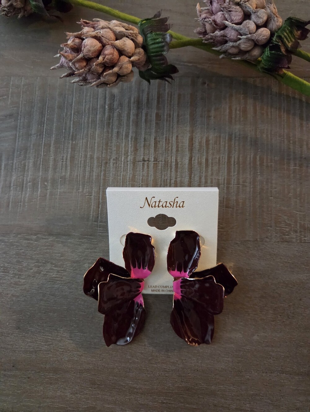 Natasha Couture Dark Purple with Bright Pink Accent Flower Enamel Stud Earrings
